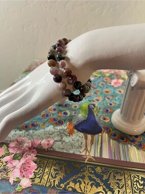 8mm Multicolor Tourmaline Double Wrap Bracelet Gold Overlay Accents